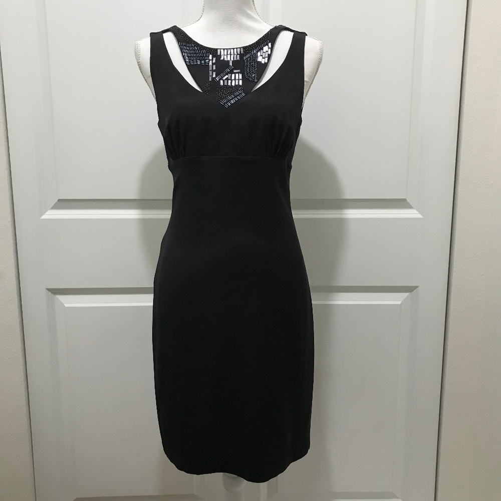 Nicole Miller Black Dress with Cutouts and Beading in Silk-Blend, High Neck